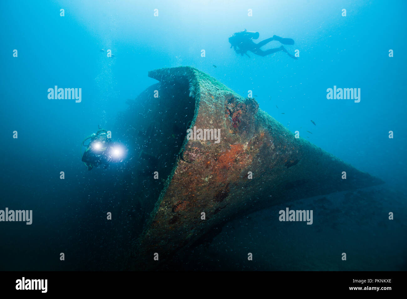Diver at C-59 Wreck, La Paz, Baja California Sur, Mexico Stock Photo