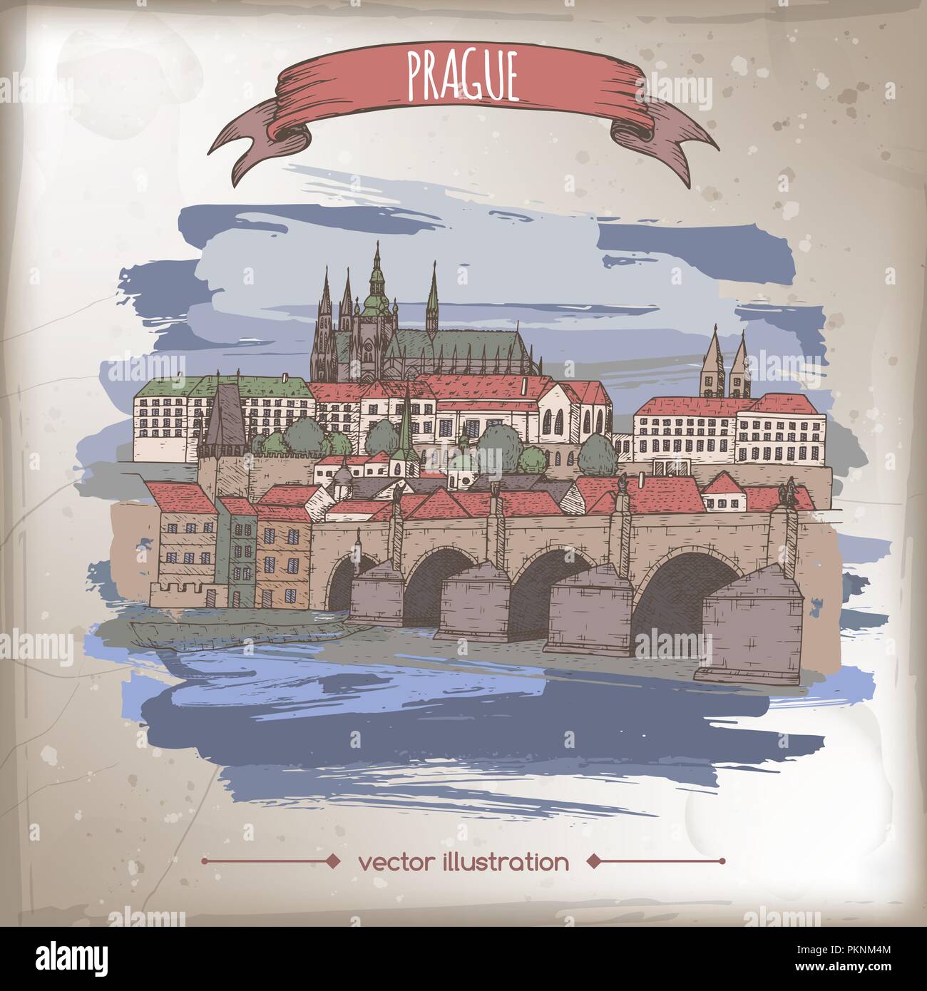 Vintage Color Travel Illustration With Prague Czech Republic Old Town