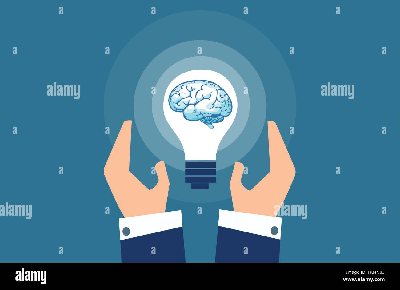 Vector of businessman hands and a big lightbulb brain. Concept of bright good idea. Stock Vector