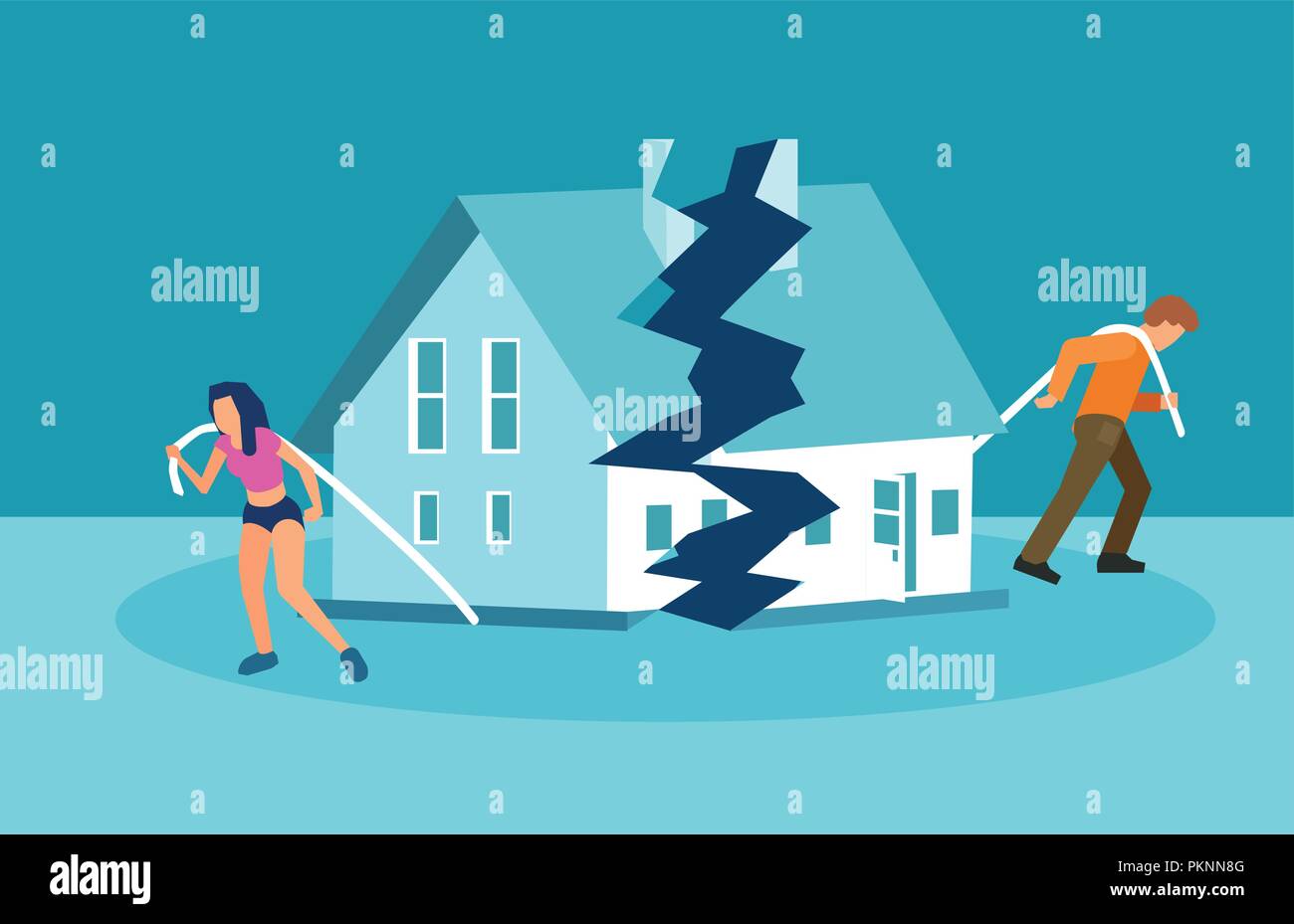 Divorce and marriage problems vector concept. Man and a woman are dragging apart their half of the house. Stock Vector