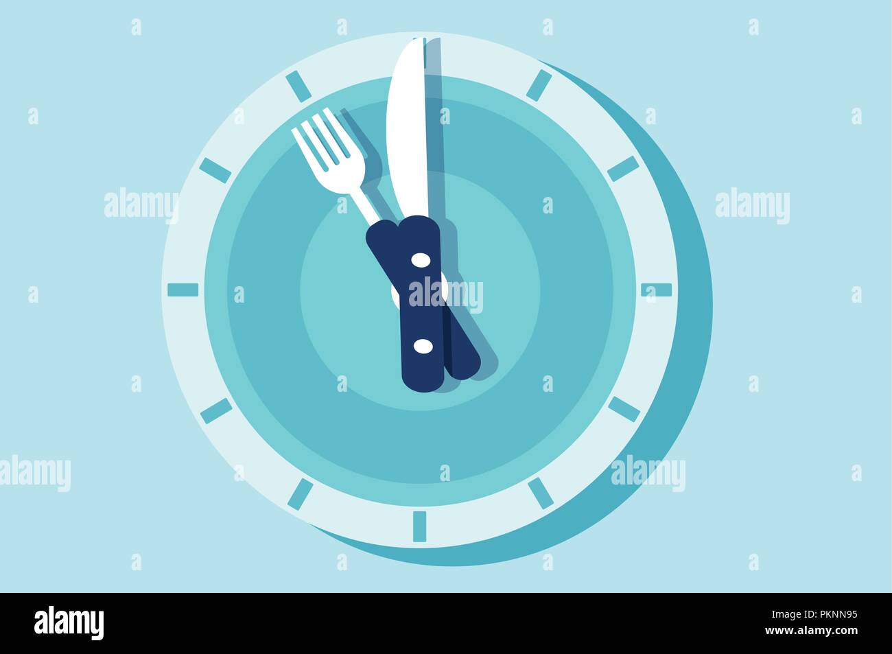 Vector of the clock face in the form of plate with knife and fork arms. Time for food, lunch, menu design concept Stock Vector
