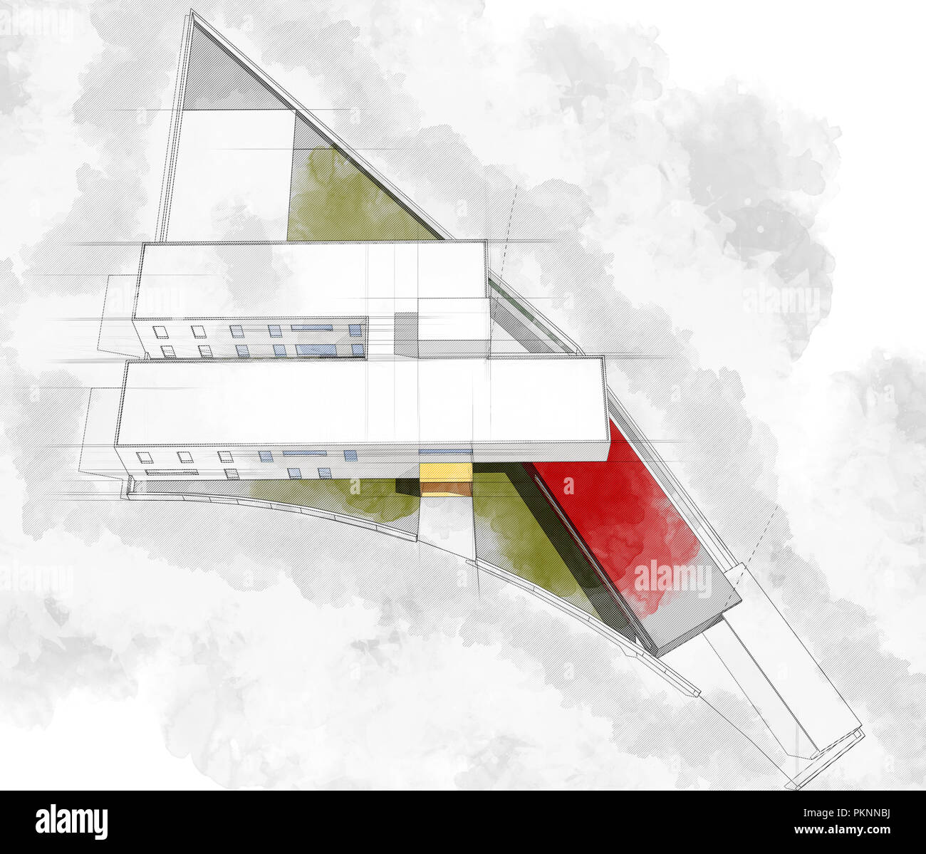 Modern architecture computer generated illustration sketch watercolor and ink style Stock Photo