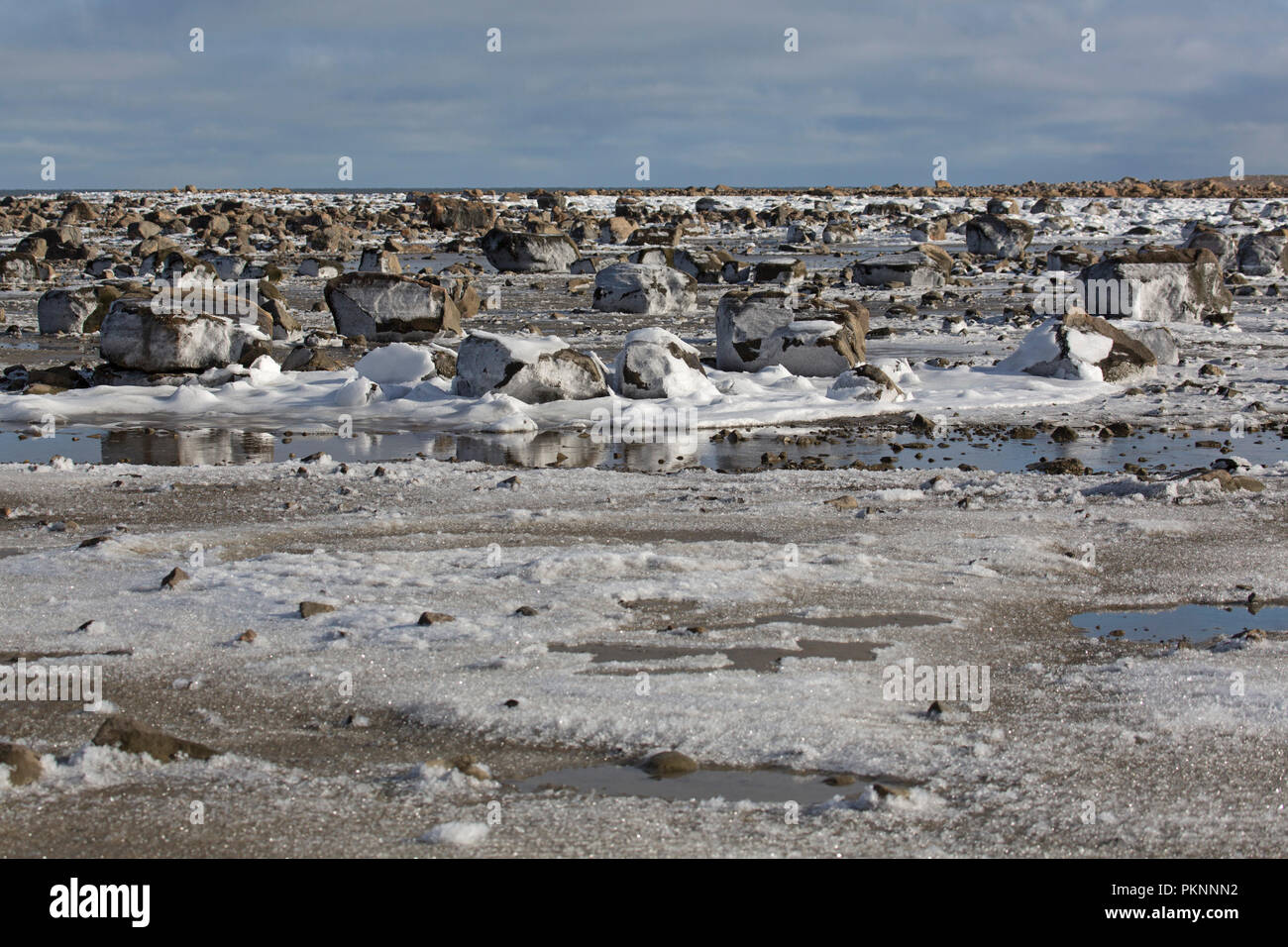 Icy rocks by shoreline of the Hudson Bay in Manitoba, Canada. The tida; shift has left ice on the rocks. Stock Photo