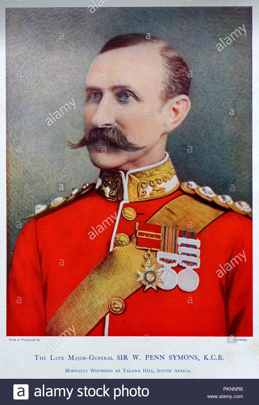 Major-General Sir William Penn Symons, 1843 – 1899, was a British Army officer who was mortally wounded as he commanded his forces at the Battle of Talana Hill during the Second Boer War. Colour illustration from 1900 Stock Photo