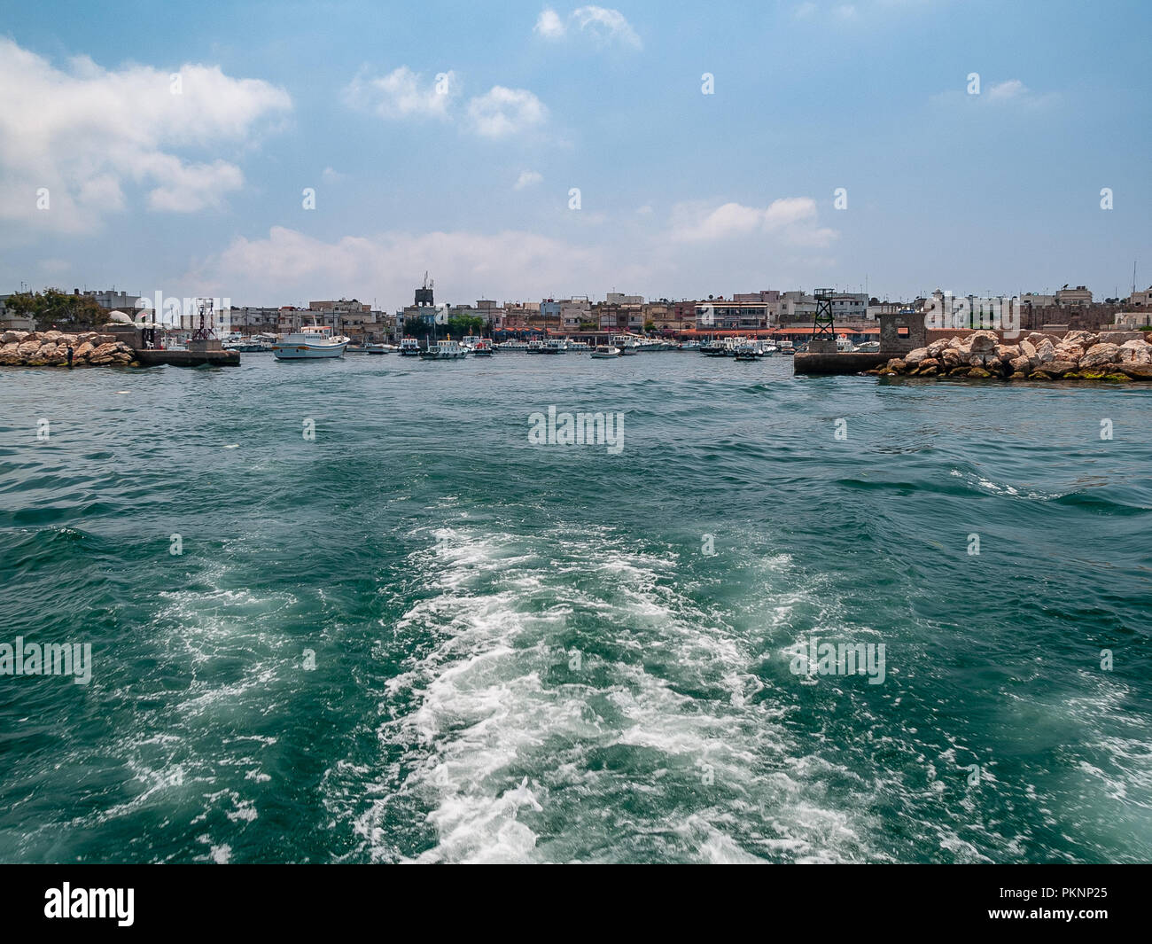 Arwad (Arados) is the only inhabited island in Syria. It is located in the Mediterranean Sea 3 km from Tartus. The town covers the entire island. Stock Photo