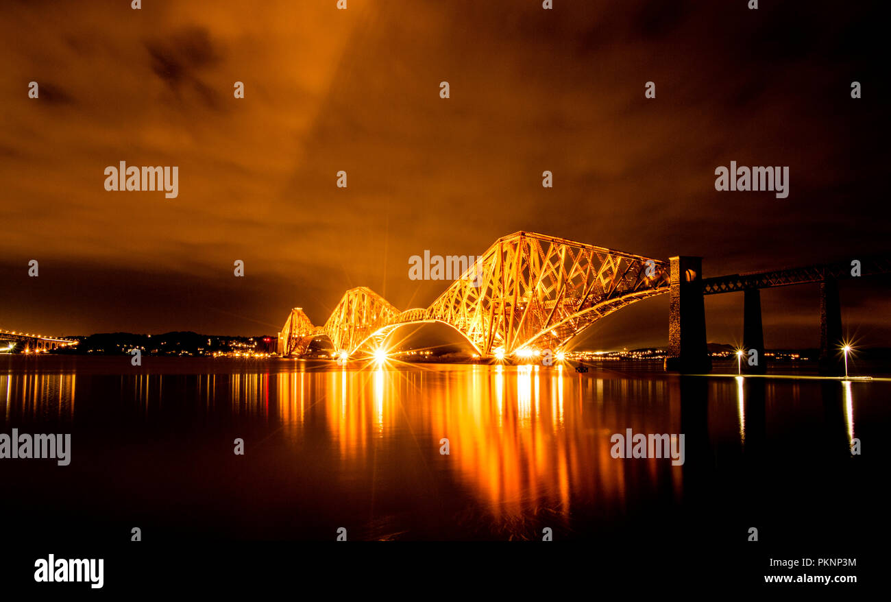 Forth Bridge at Night, Edinburgh Stock Photo