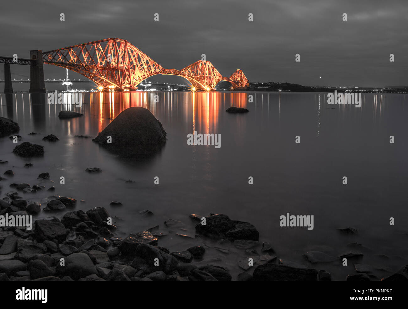 Forth Bridge at Night, Edinburgh Stock Photo
