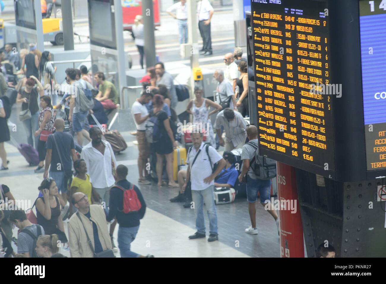 Following the Morandi bridge collapse in Genoa, the central train station experiences major delays to Genoa La Spezia and Genoa Nice  Featuring: Atmosphere Where: Genoa, Italy When: 14 Aug 2018 Credit: IPA/WENN.com  **Only available for publication in UK, USA, Germany, Austria, Switzerland** Stock Photo