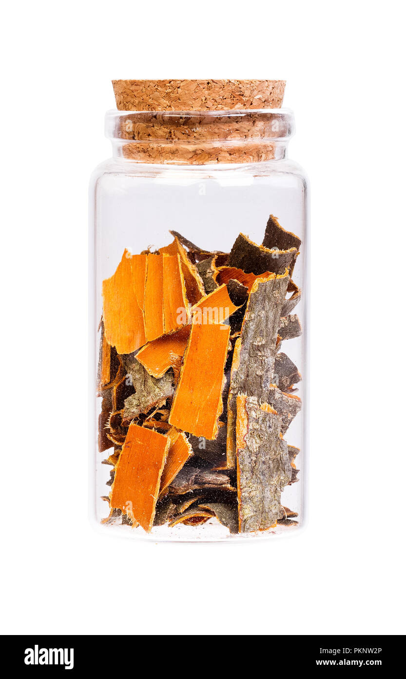 Buckthorn bark in a bottle with cork stopper for medical use. Stock Photo