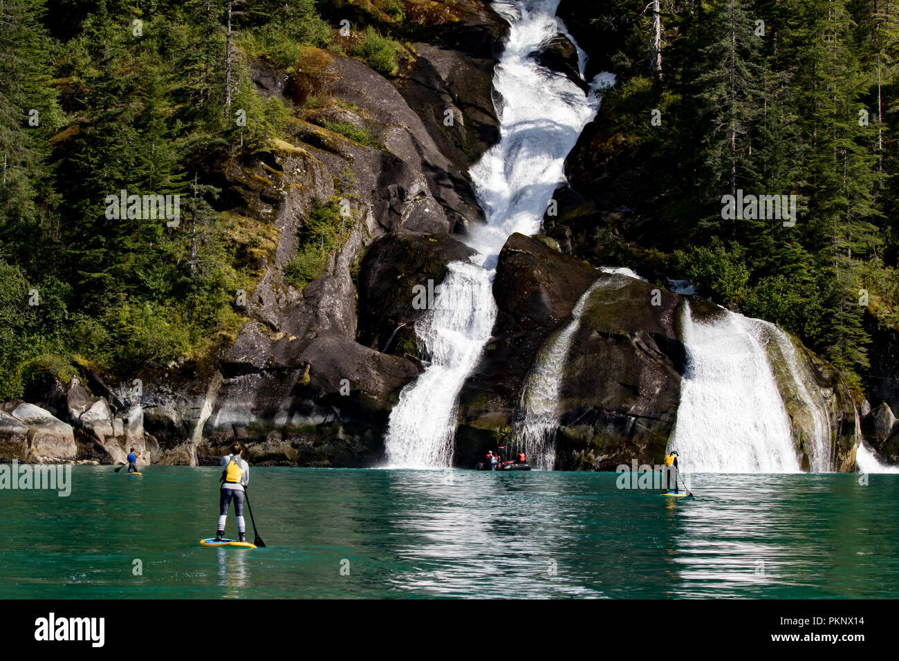 Stand up paddle boarding in front of a big waterfall in the glacially carved fjord of Tracy Arm in Southeast Alaska USA Stock Photo