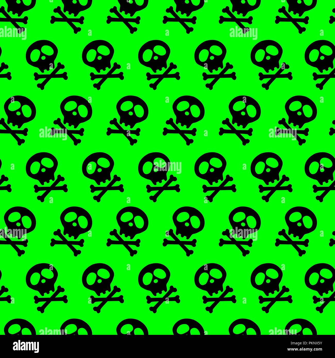 acid Seamless bright green background. poison. black Skull and bones crossed. Vector illustration. radiation Stock Vector