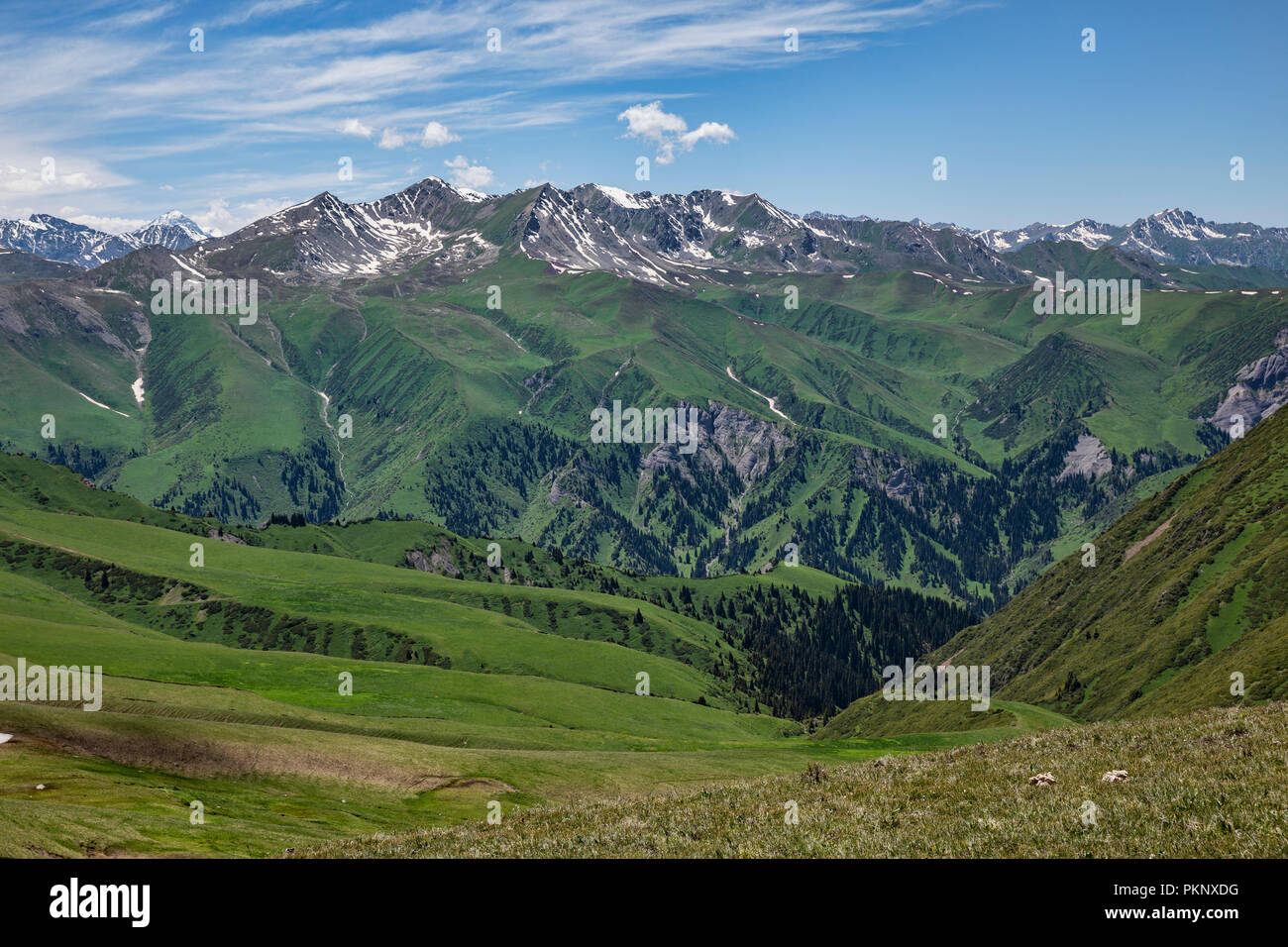 Terskey Ala-Too mountain range as seen from Anvar Pass, Keskenkyia Loop trek, Jyrgalan, Kyrgyzstan Stock Photo