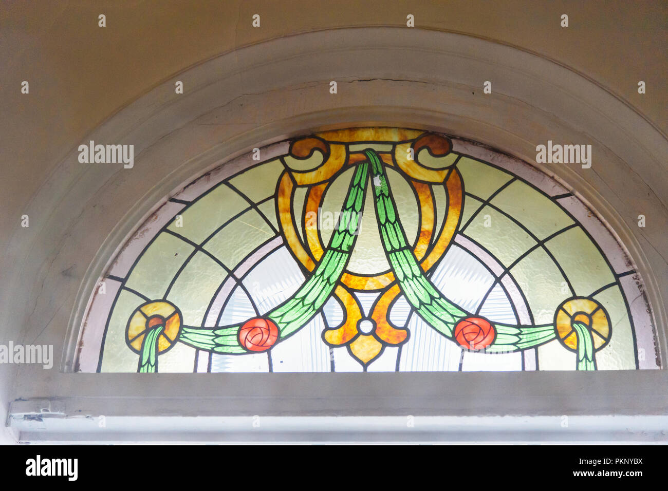 Stained glass window on staircase hires stock photography and images