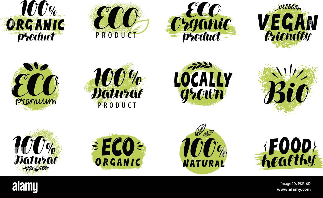 Eco, bio logo. Healthy food label set. Vector lettering Stock Vector