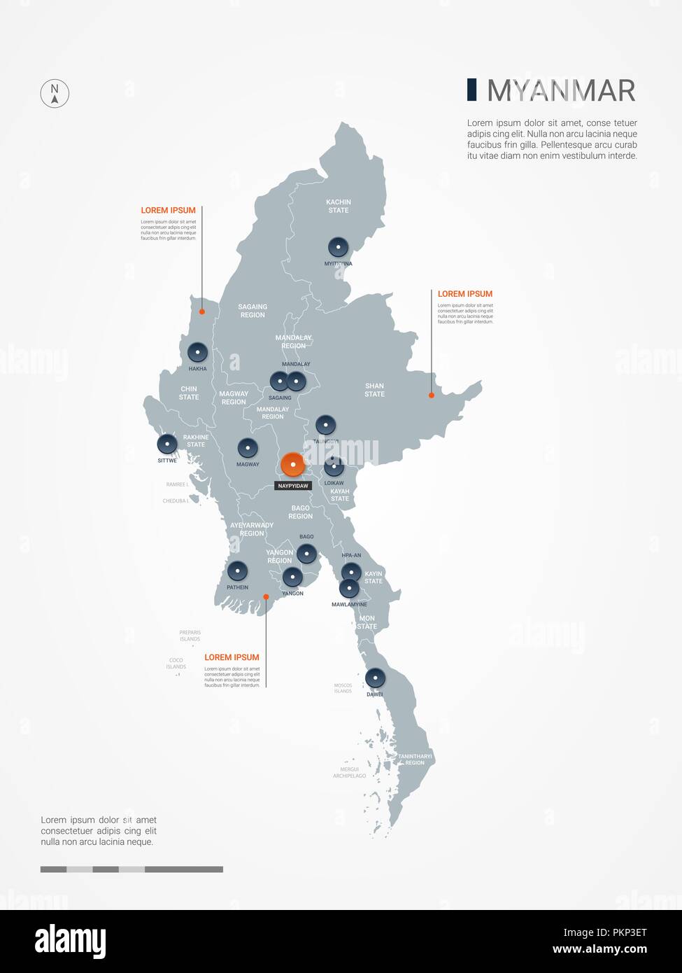 Myanmar Burma map with borders, cities, capital and administrative ...