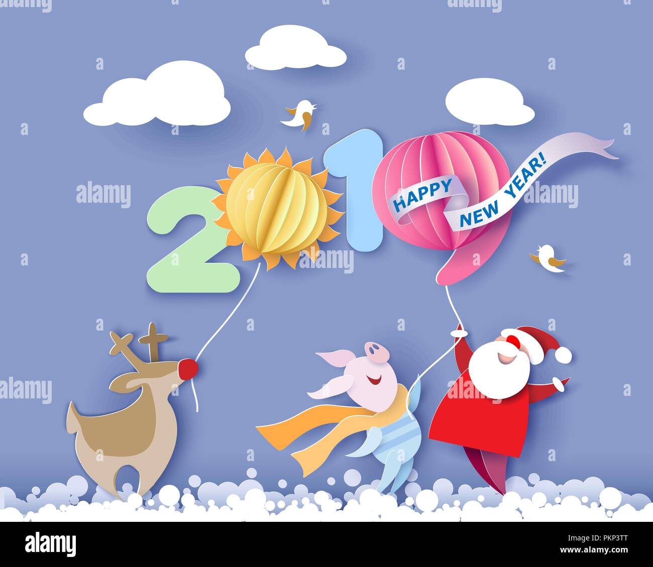 color paper cut design and craft winter landscape with tree, santa