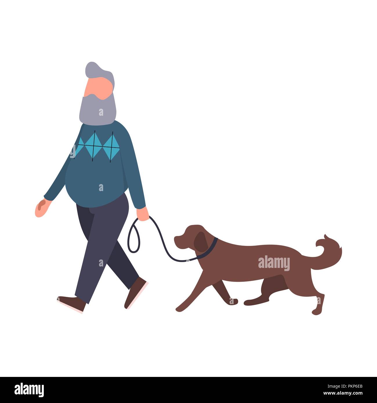 Dog walker walking pet outdoor. Senior stroll with labrador. Cartoon flat vector character. Pet walking service concept art Stock Vector