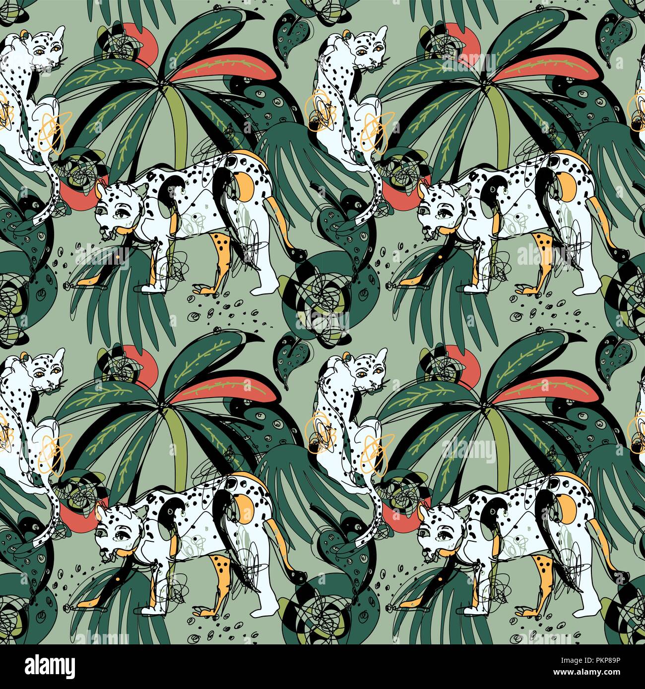 seamless pattern with leopards and tropical leaves Stock Vector