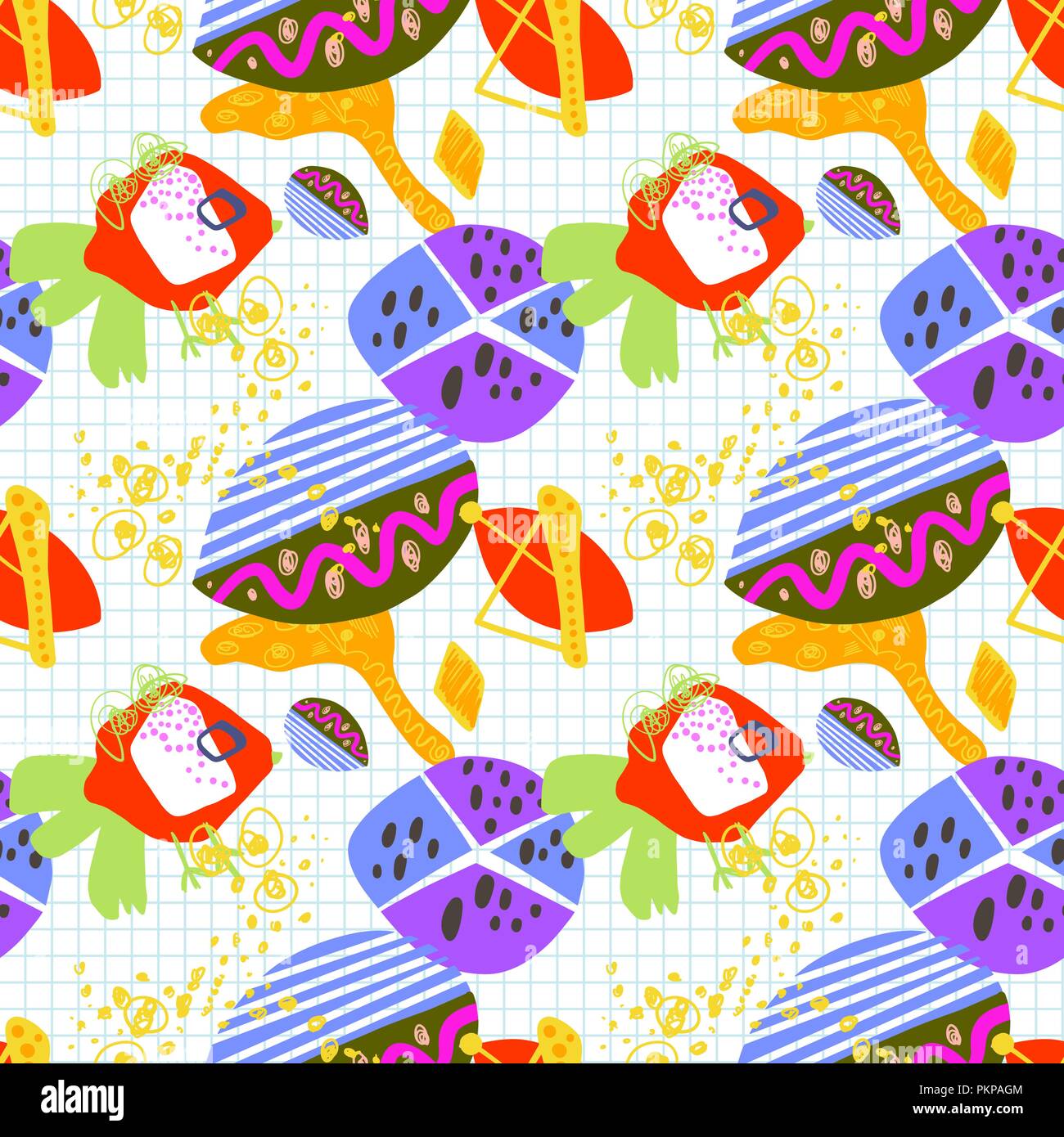 modern trendy seamless pattern, abstract bright elements on grid Stock Vector