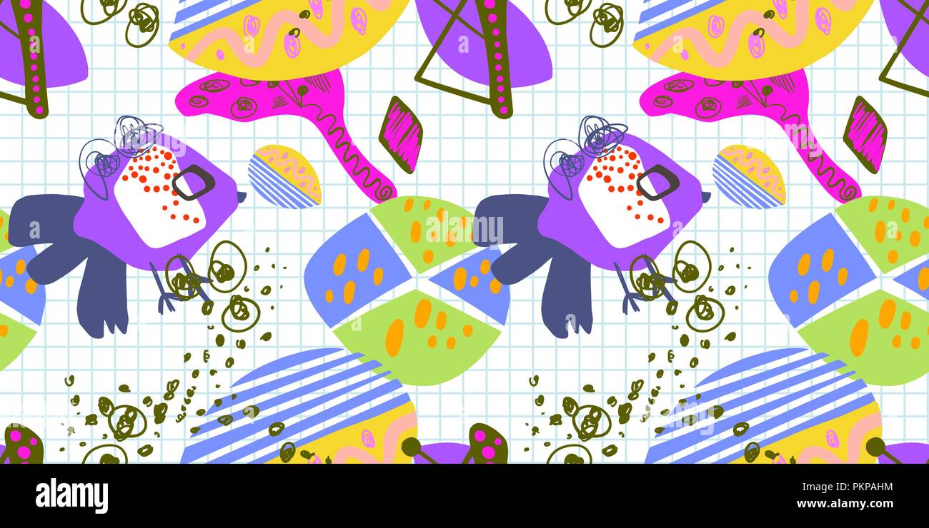modern trendy seamless pattern, abstract bright elements on grid Stock Vector