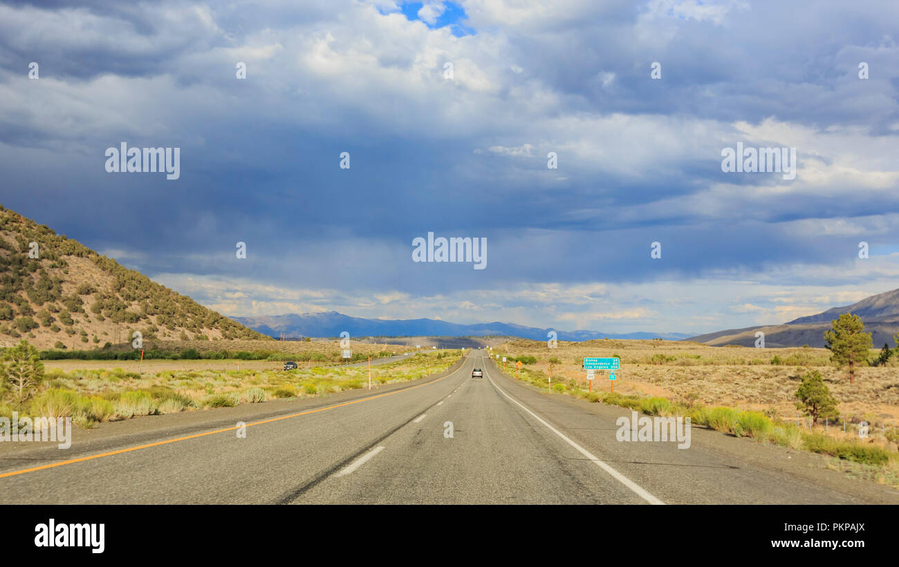 Stunning rural highway 395 landscape with beautiful clouds at Northern California Stock Photo