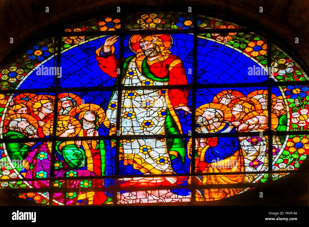 Jesus Christ Virgin Mary Disciples Stained Glass Duomo Cathedral Church Florence Italy. Stained glass ifrom 1400 to 1500s. Stock Photo