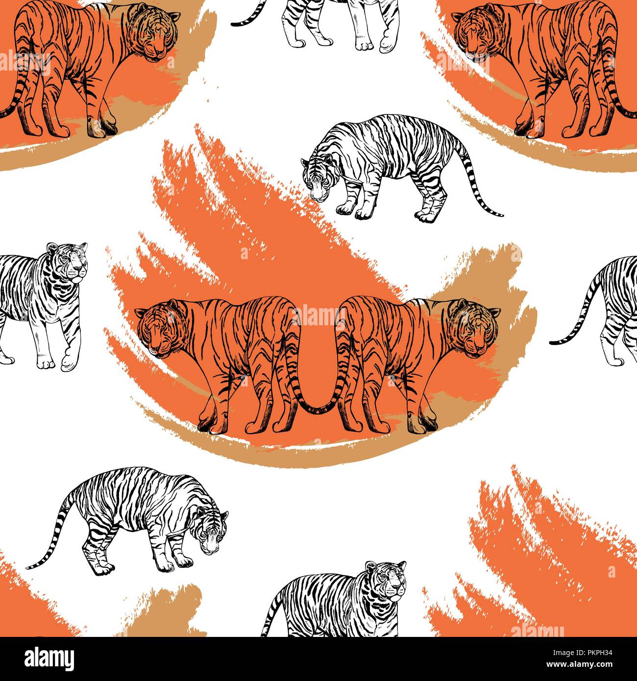 Seamless pattern of hand drawn sketch style tigers. Vector illustration ...
