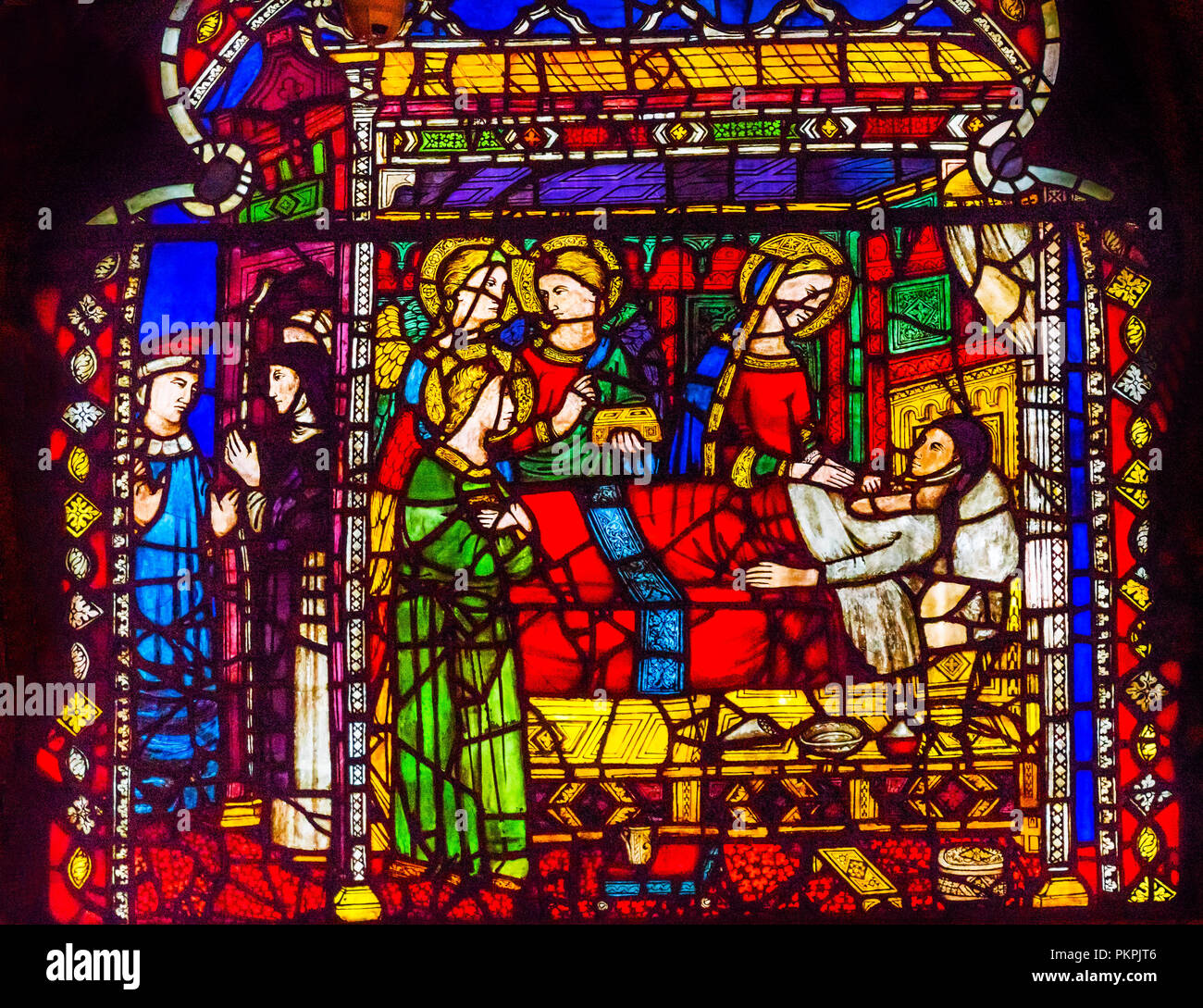 Virgin Mary Deathbed Stained Glass Window Orsanmichele Church Florence Italy. Church and stained glass from 1400s. Stock Photo