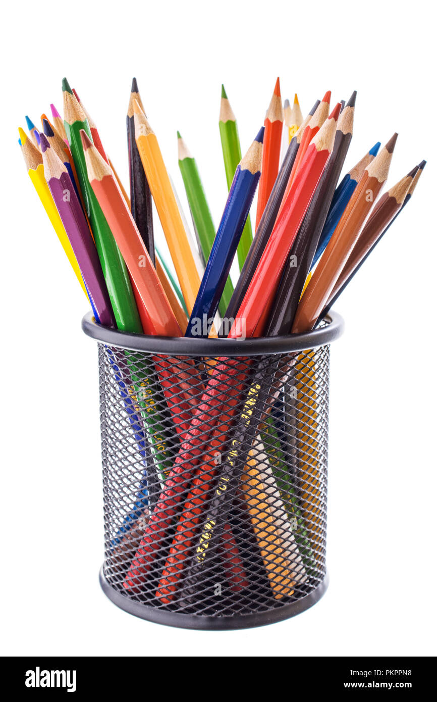 colored pencils in a metal stand Stock Photo