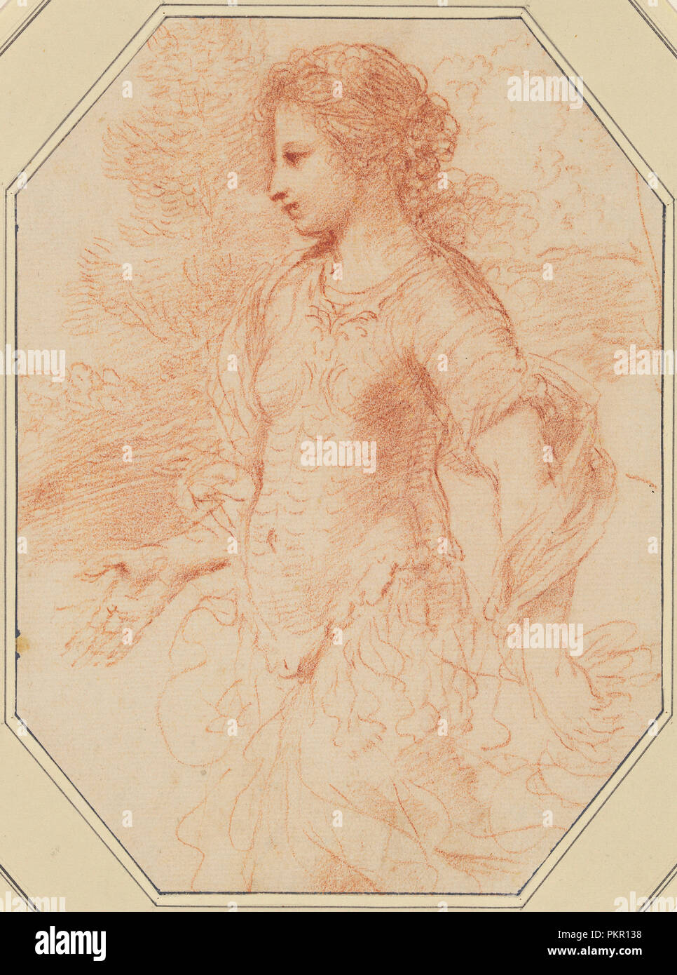 Erminia. Dated: c. 1648. Dimensions: sheet: 20.8 x 15.3 cm (8 3/16 x 6 in.), octagonal (all four corners cut). Medium: red chalk on cream laid paper. Museum: National Gallery of Art, Washington DC. Author: Giovanni Francesco Barbieri, called Guercino. Stock Photo