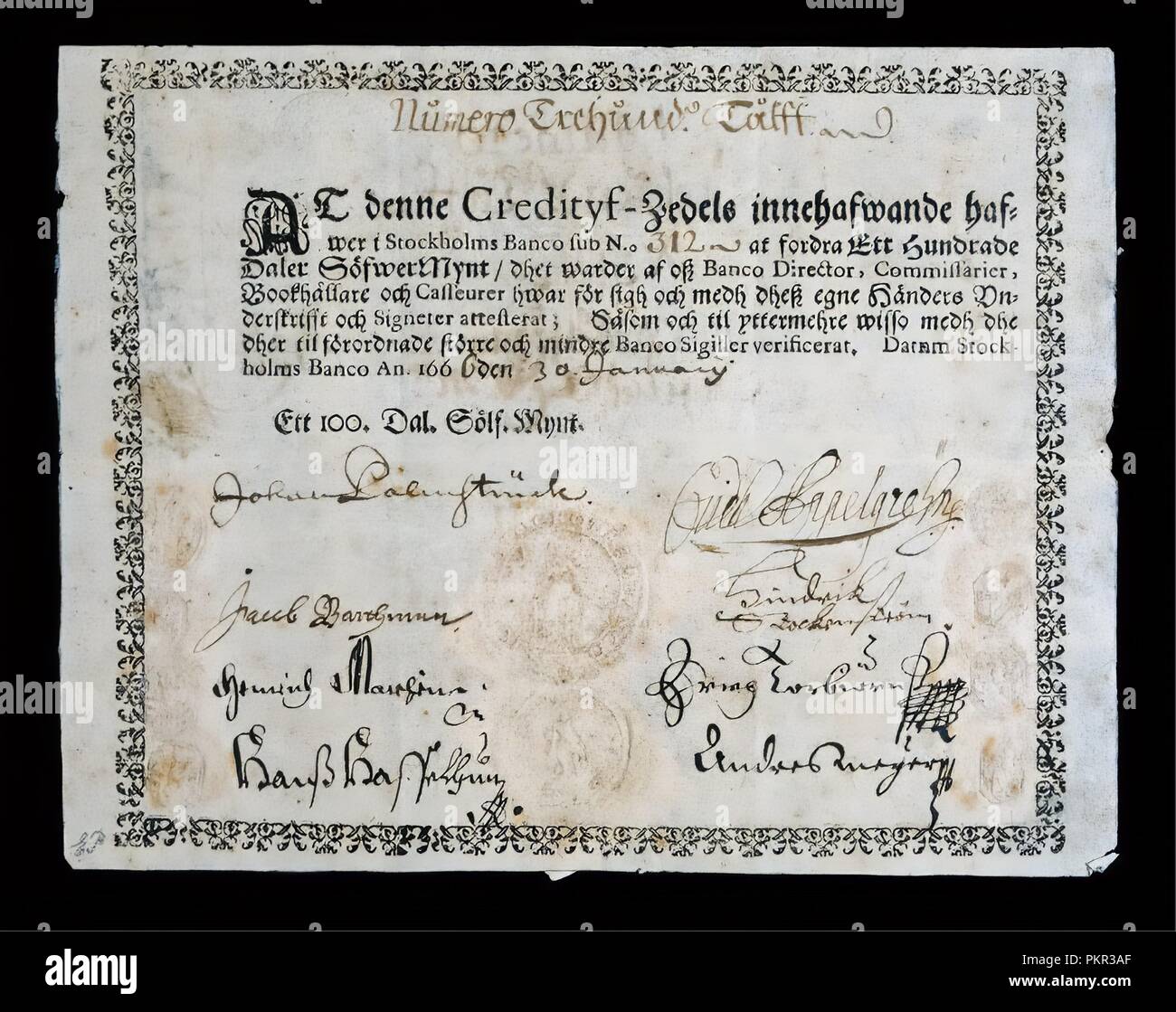 100 daler note, 1666. 198 mm x 154 mm .Paper, Issuer Stockholm Banco ...