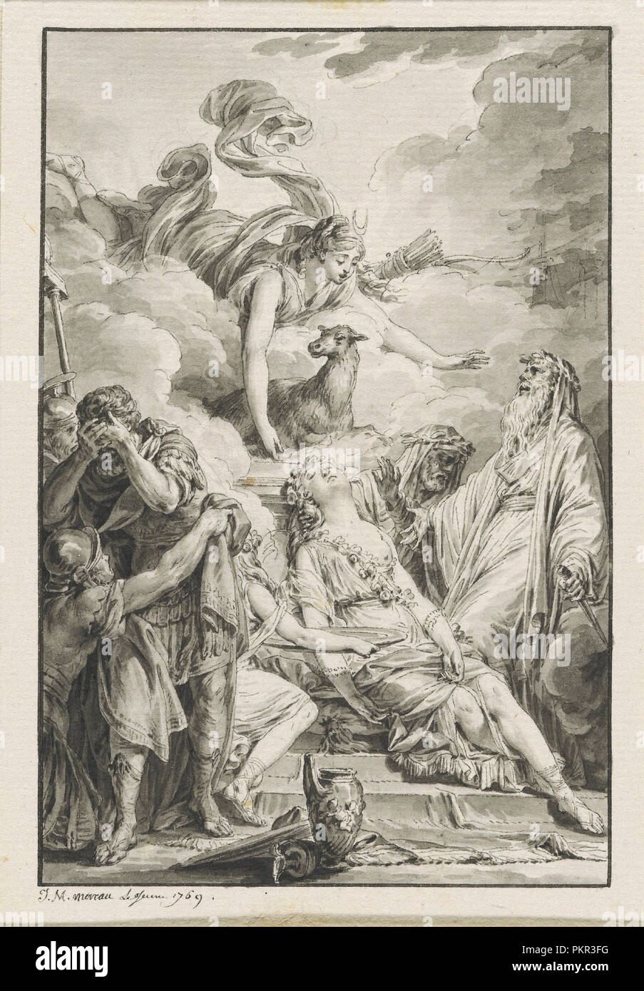 The Sacrifice of Iphigenia. Dated: 1769. Dimensions: image: 13.3 x 8.9 cm (5 1/4 x 3 1/2 in.). Medium: pen and black ink with gray wash over traces of graphite with border line by the artist on laid paper. Museum: National Gallery of Art, Washington DC. Author: MOREAU, JEAN MICHEL D. J. Stock Photo