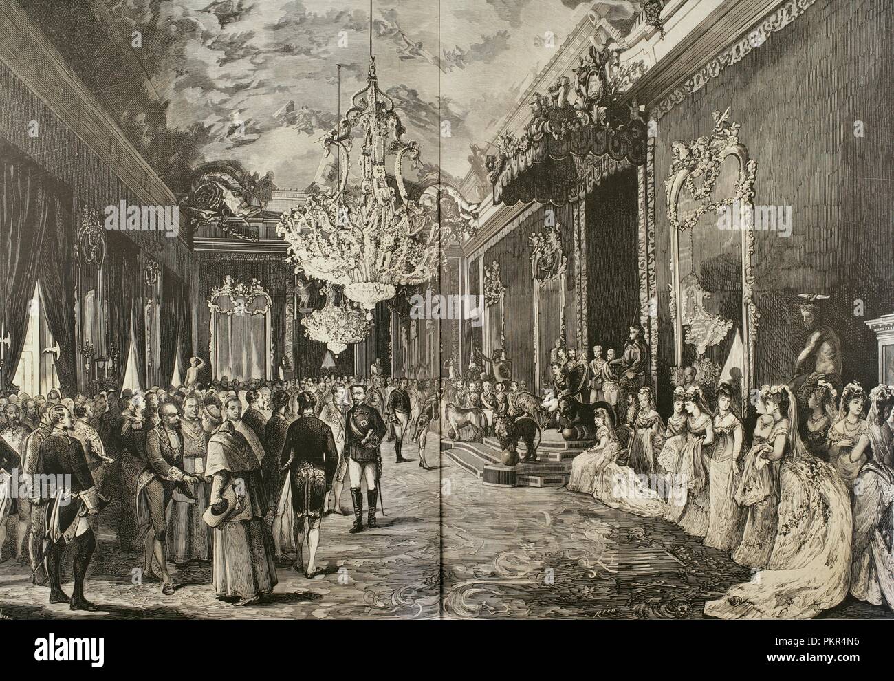 Era de la Restauración Borbónica. España. Madrid. Recepción oficial en el  Salón del Trono del Palacio Real, en celebración de los días de S. M. el  rey Alfonso XII de España (1857-1885),
