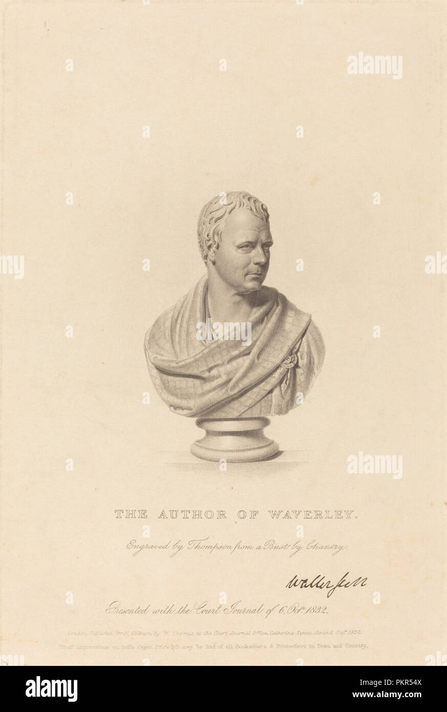 Bust of Sir Walter Scott. Dated: published 1832. Medium: stipple engraving. Museum: National Gallery of Art, Washington DC. Author: James Thomson after Sir Francis Legatt Chantrey. Stock Photo