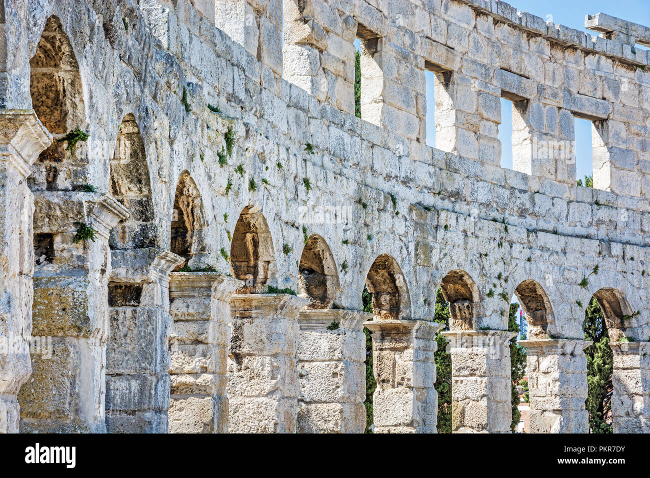 Detail photo of Pula Arena, Istria, Croatia. Travel destination. Ancient architecture. Stock Photo