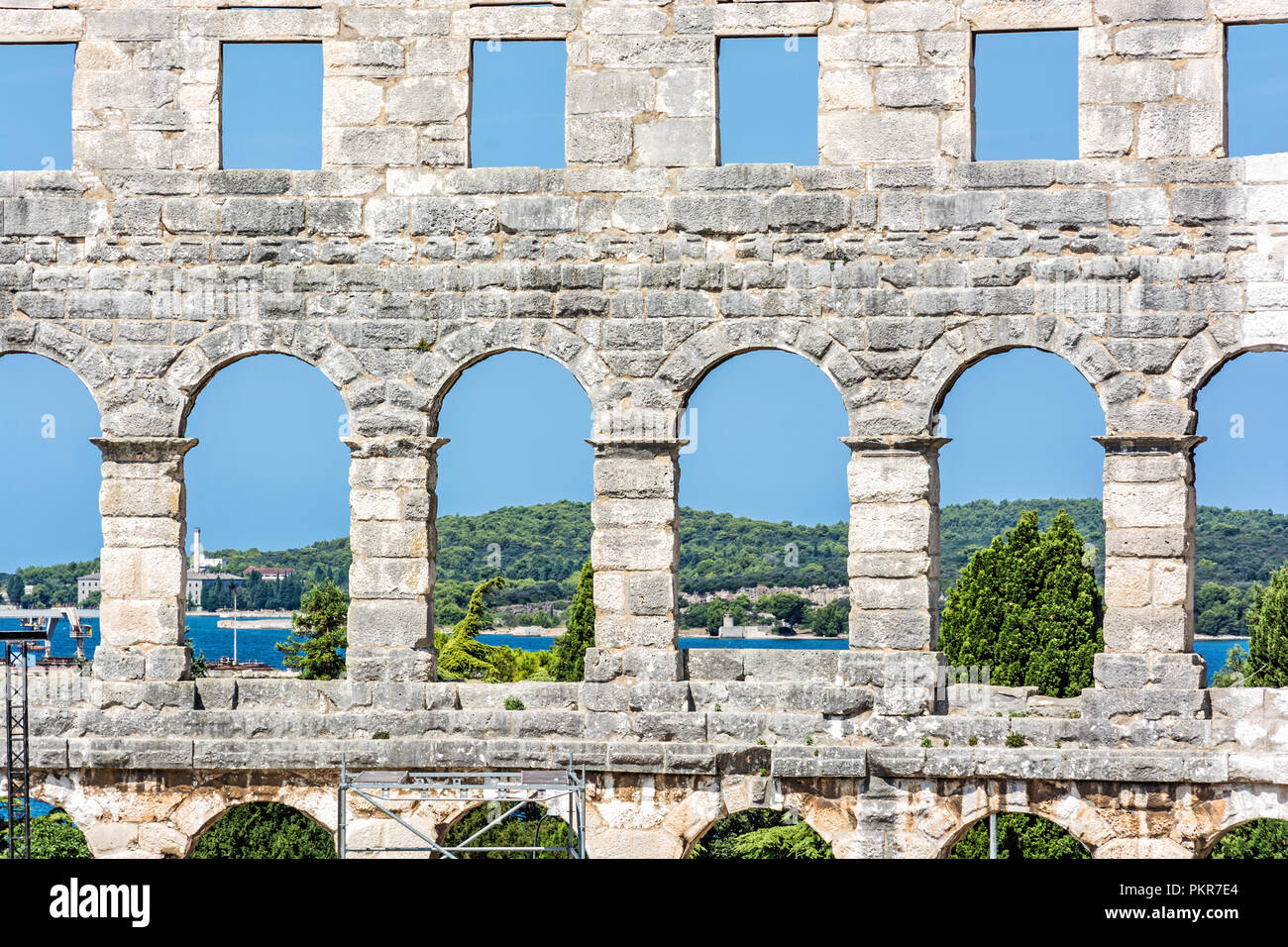 Detail photo of Pula Arena, Istria, Croatia. Travel destination. Ancient architecture. Stock Photo