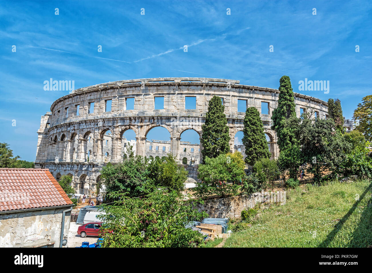 Ancient amphitheater located in Pula, Istria, Croatia. Travel destination. Famous object. Stock Photo