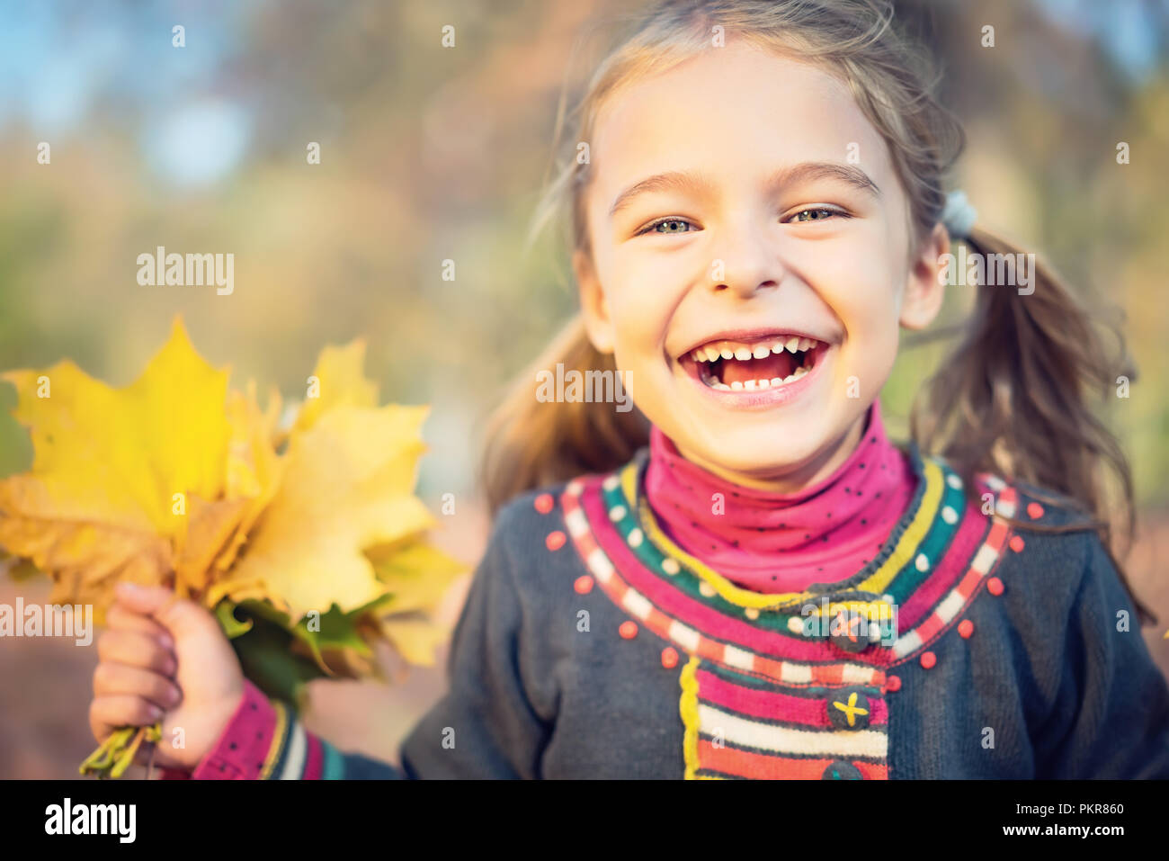 Happy little girl with autumn leaves Stock Photo - Alamy
