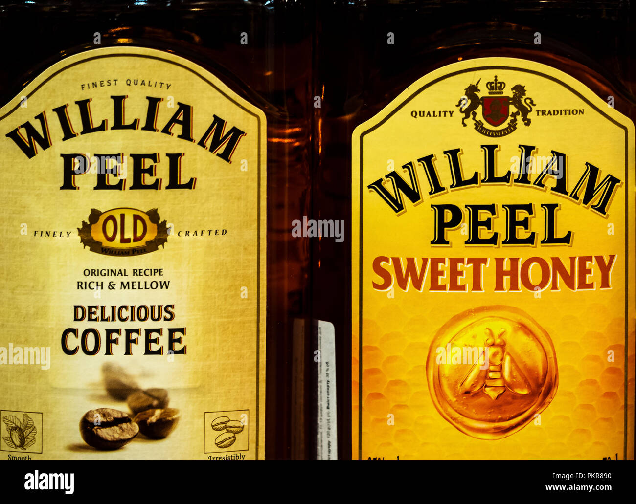 William Peel whisky in the store. Blended Scotch William Peel is one of the best-selling whisky brands worldwide thanks to a huge following in France. Owned by Marie Brizard Wine & Spirits (MBWS) Stock Photo