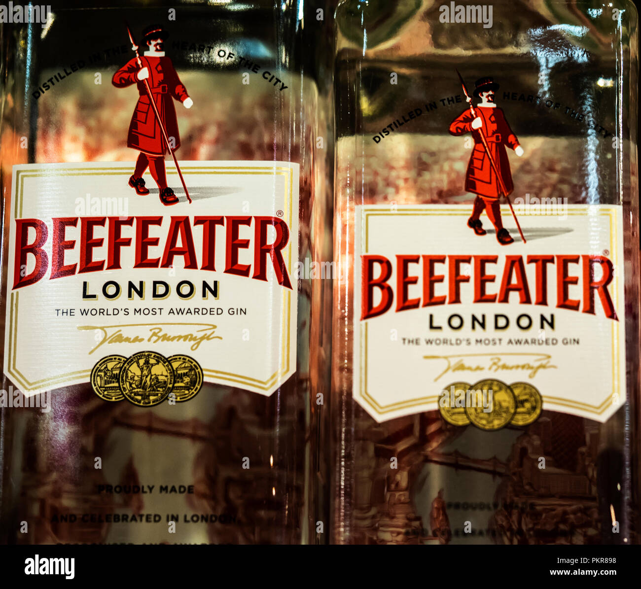 Beefeater London dry gin bottles on store shel. It is a brand of gin owned by Pernod Ricard and