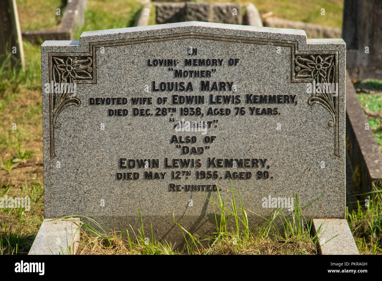 The Grave of Louisa Mary Kemmery 1938 at Locksbrook Cemetery, Bath Stock Photo