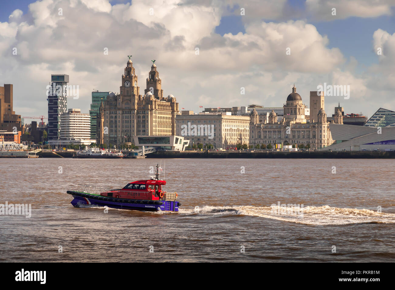 Liverpool pilot launch Razorbill with Liverpool waterfront. Stock Photo