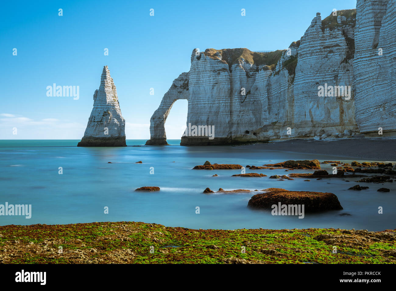 Chalk cliffs of Etretat (Normandy France) with the natural arch Porte d ...