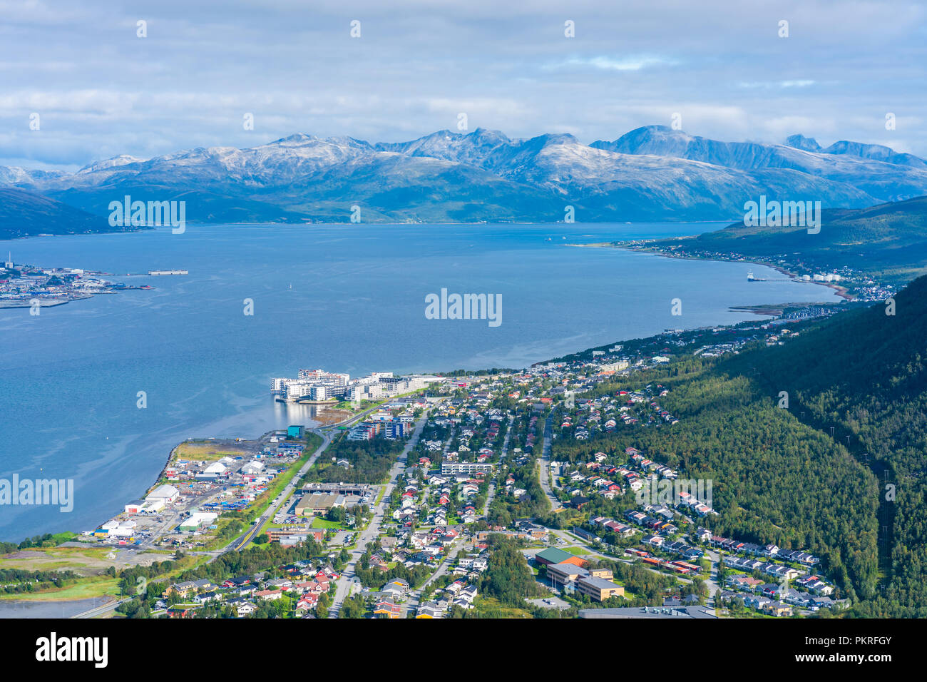 View of Tromsoysundet strait and Tromso on mainland - Tromsdalen. Norway Stock Photo