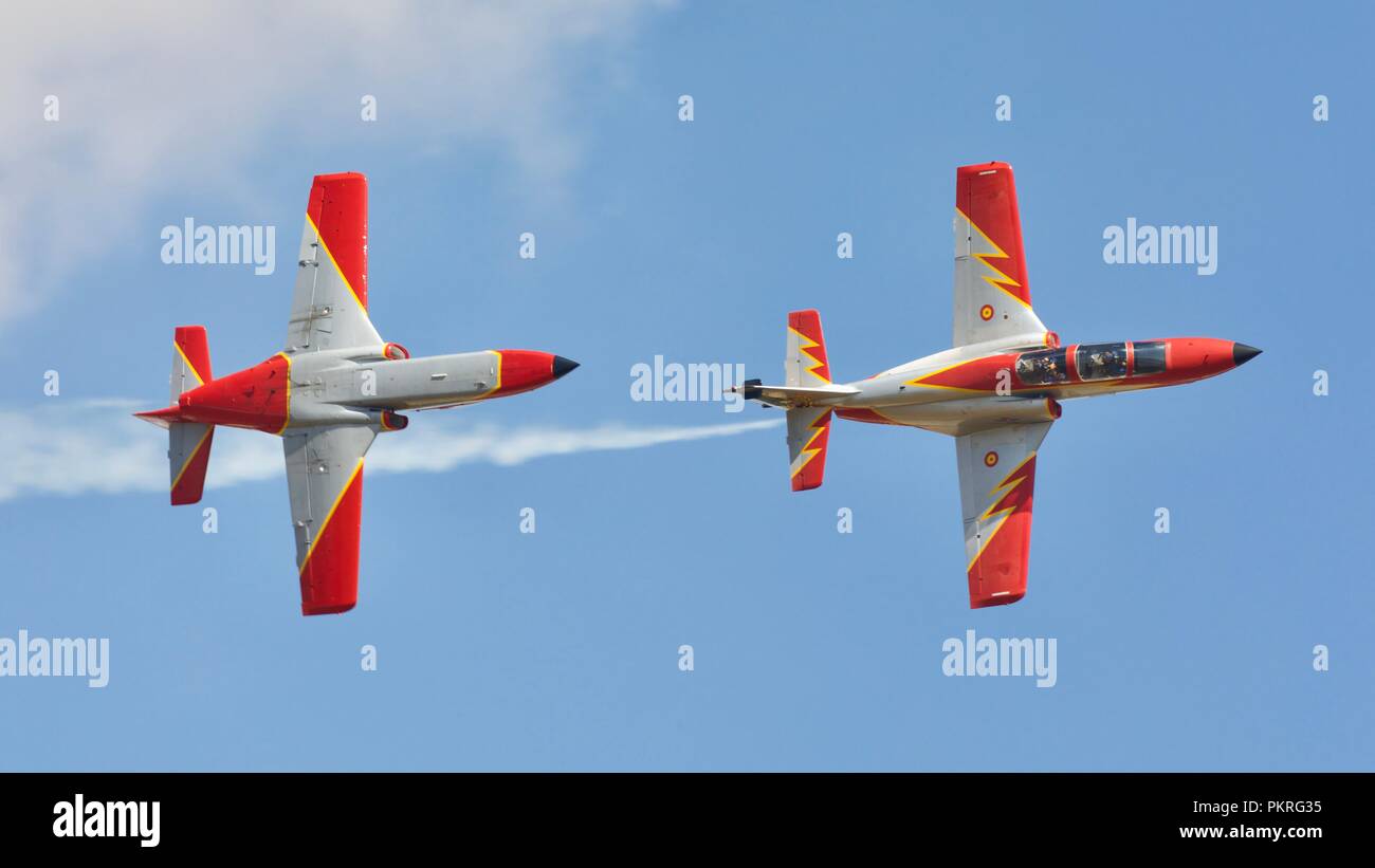 2 Spanish Built Casa C 101 Aviojets Of The Patrulla Aguila Aerobatic Display Team Flying At The 18 Royal International Air Tattoo Stock Photo Alamy