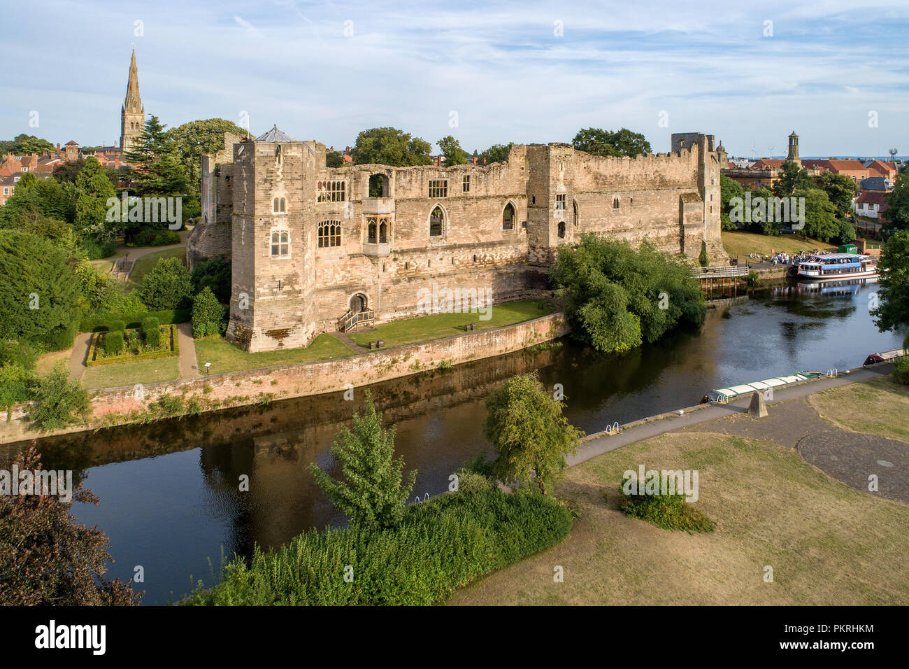Ruins of medieval Gothic castle in Newark on Trent, near Nottingham, Nottinghamshire, England, UK. Aerial view with Trent River in sunset light. Stock Photo
