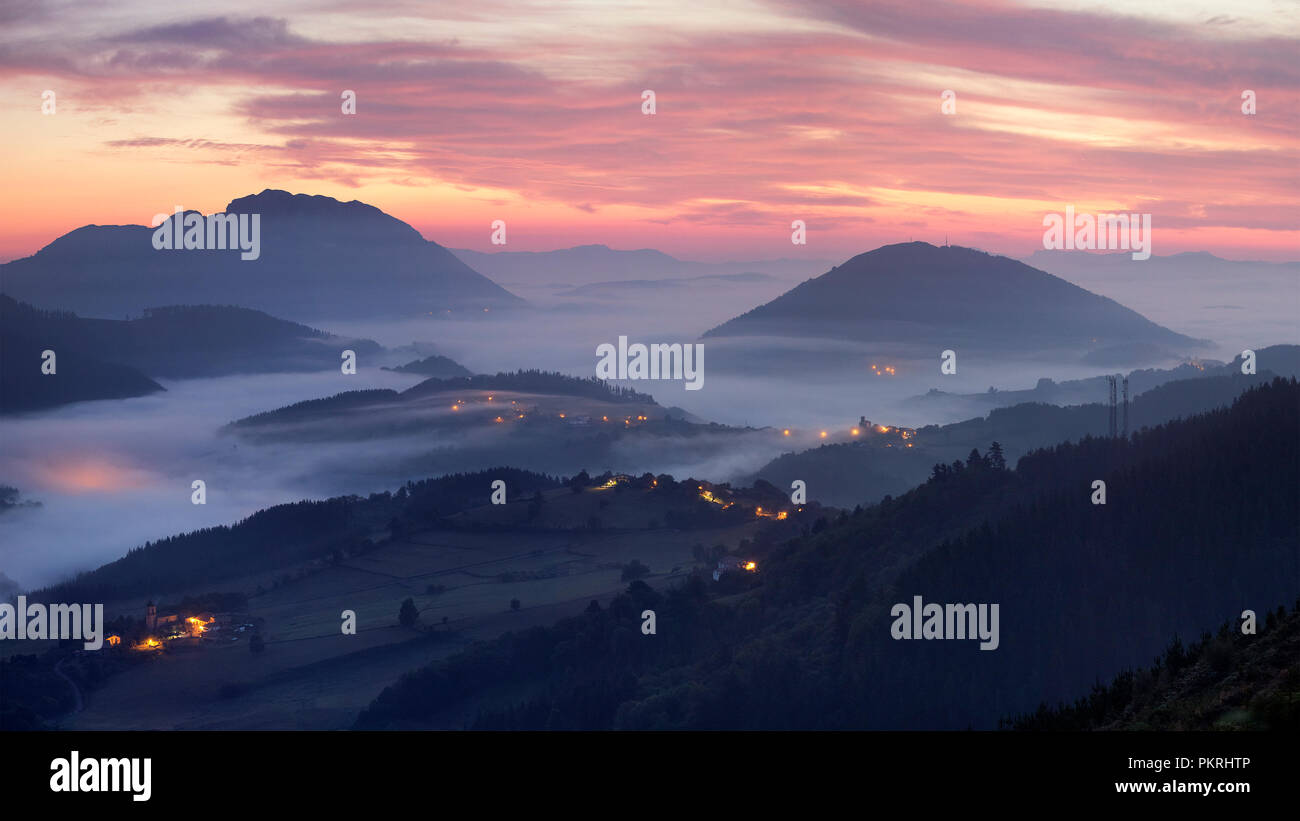 Amazing sunrise over Aramaio valley (Alava, Basque Country) Stock Photo