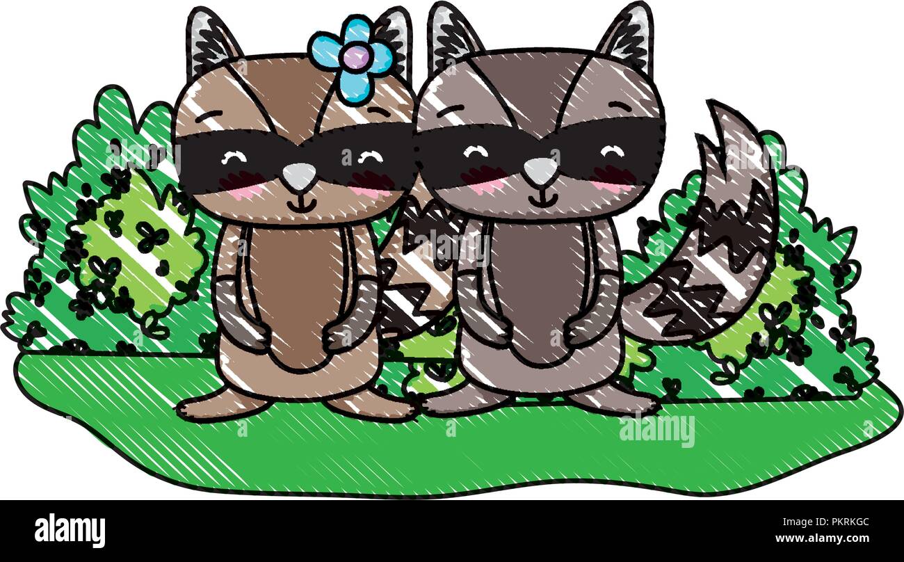 grated beauty raccoon couple animal and bushes Stock Vector Image & Art ...