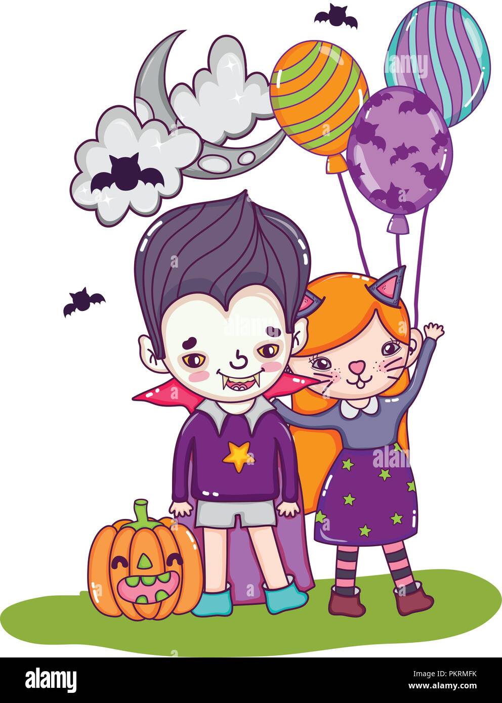 girl and boy costumes with balloons and pumpkin Stock Vector