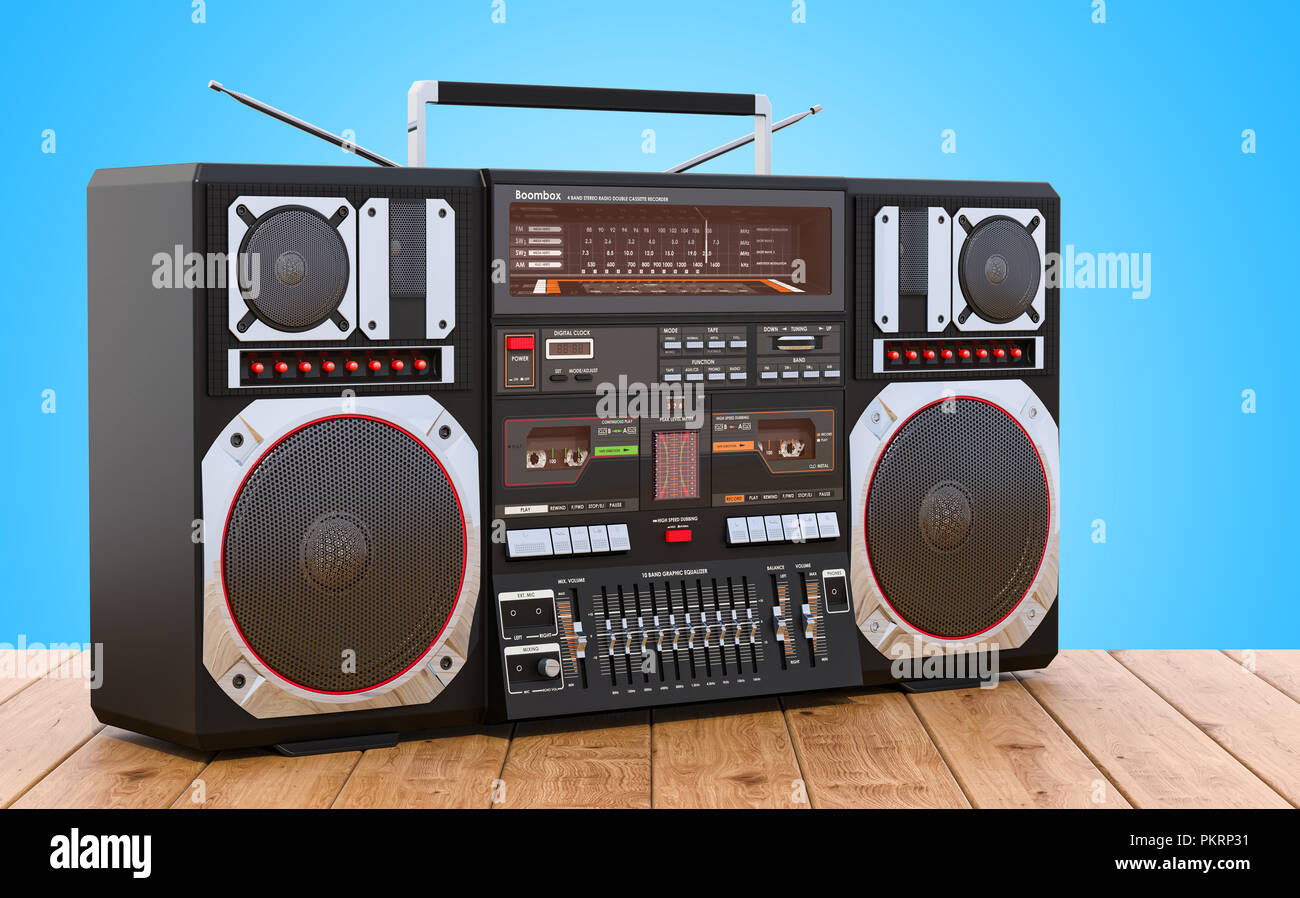 Boombox on the wooden table, 3D rendering Stock Photo